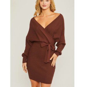 LOVE TREE 2021 Off shoulder Wrap Belted Knit Dress